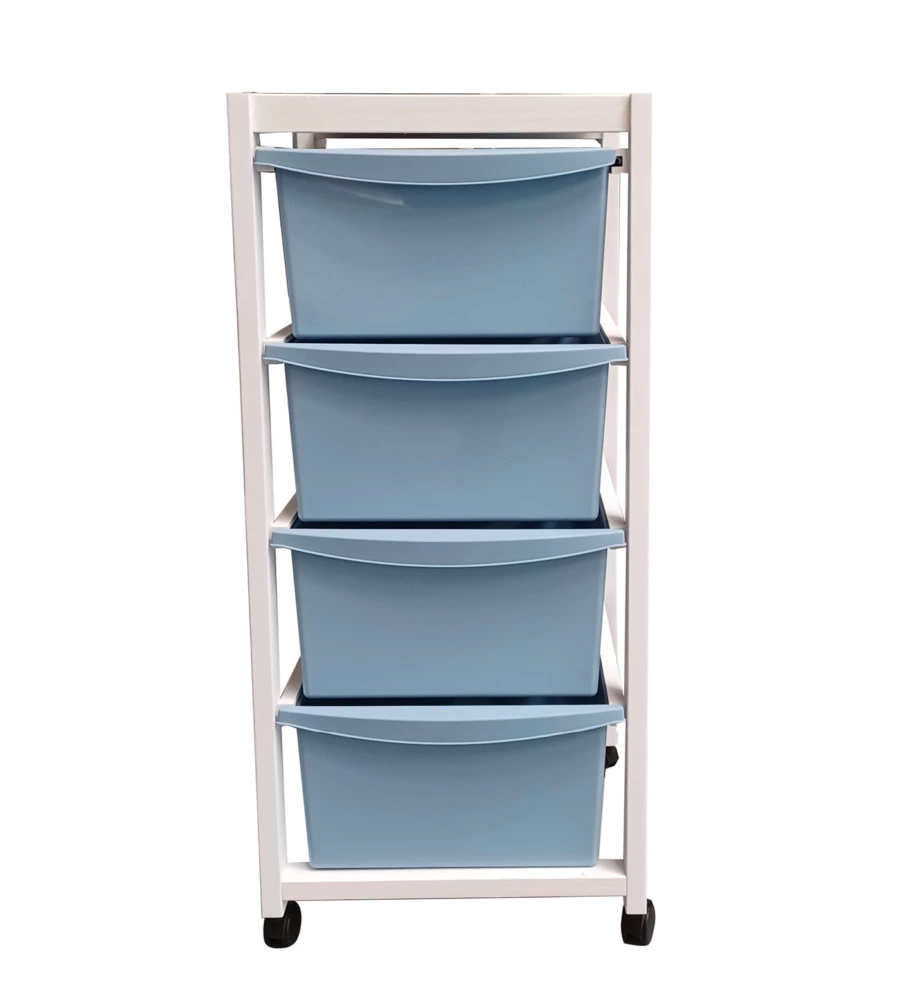 CARRELLO IN LEGNO BIANCO CON CASSETTI BLU, 37,5X36,5X82 CM